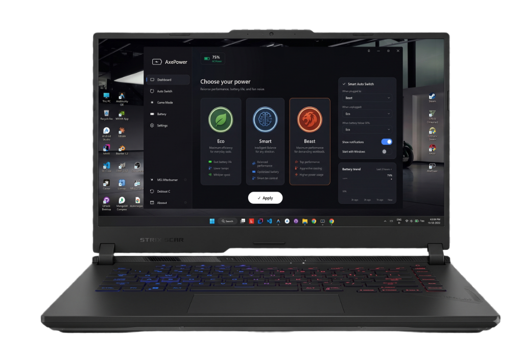 AxePower running on ASUS ROG STRIX SCAR gaming laptop showcasing PC Dashboard, Power Modes Eco, Smart, Beast and Smart Auto Switch