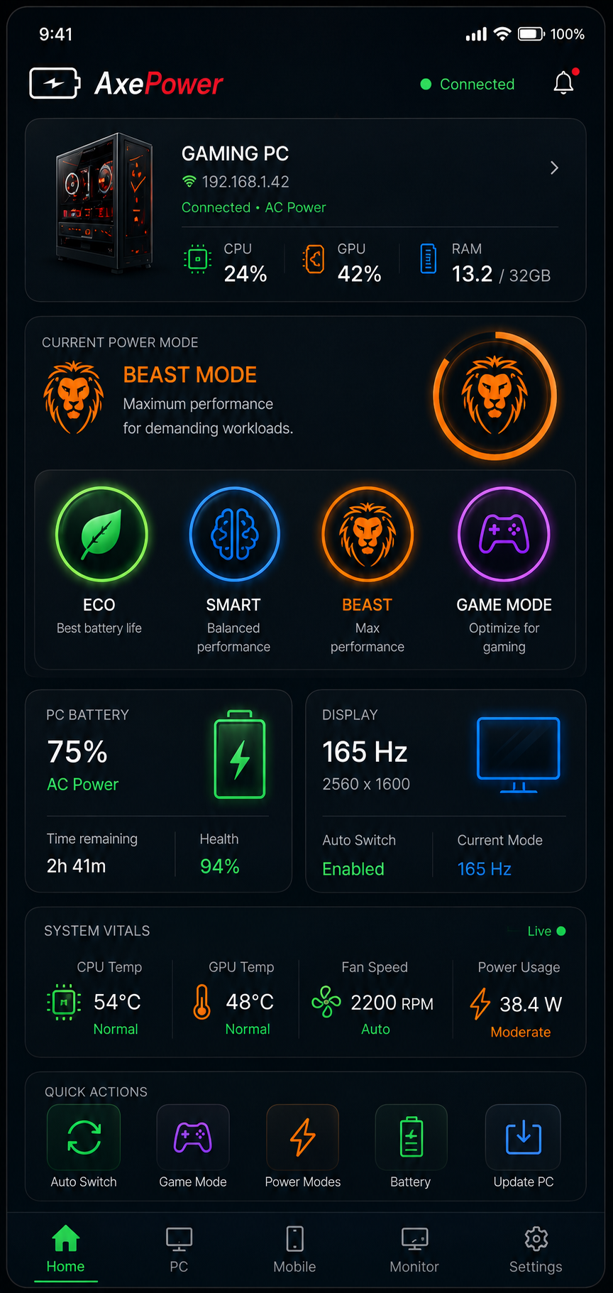 AxePower Android Companion App Dark UI showing live Gaming PC telemetry, Beast Mode, 165Hz Display control and System Vitals