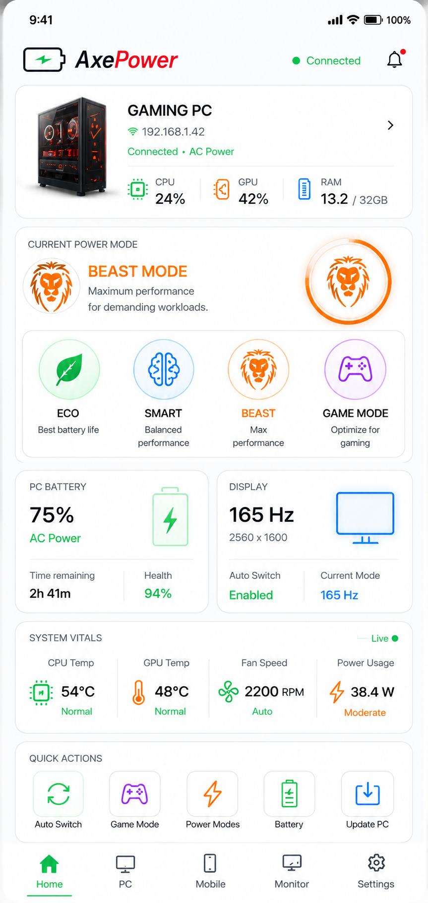 AxePower Android Companion App Light UI showing live Gaming PC telemetry, Beast Mode, 165Hz Display control and System Vitals