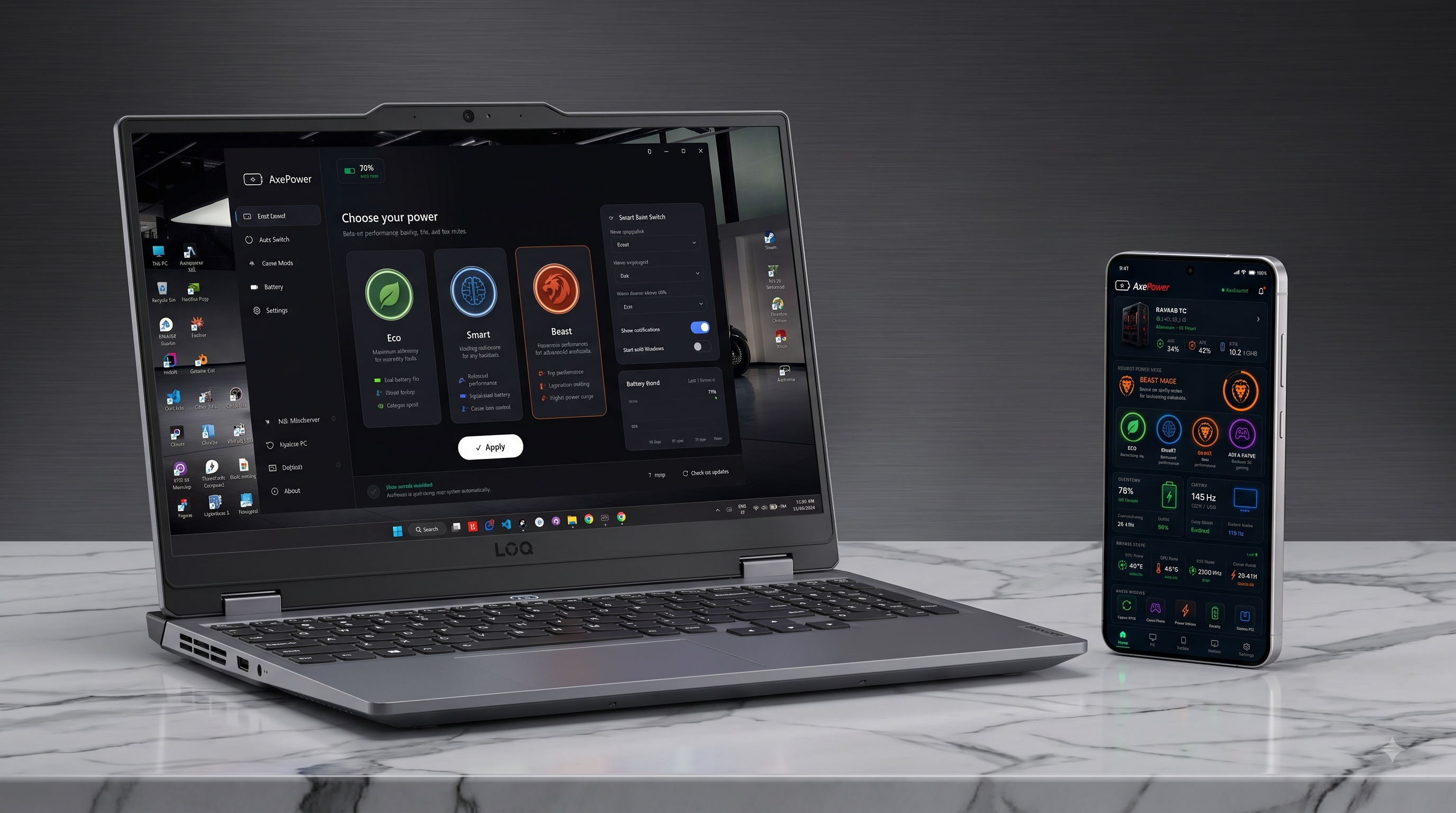 AxePower running on modern gaming laptop alongside Android phone companion app showing live system telemetry